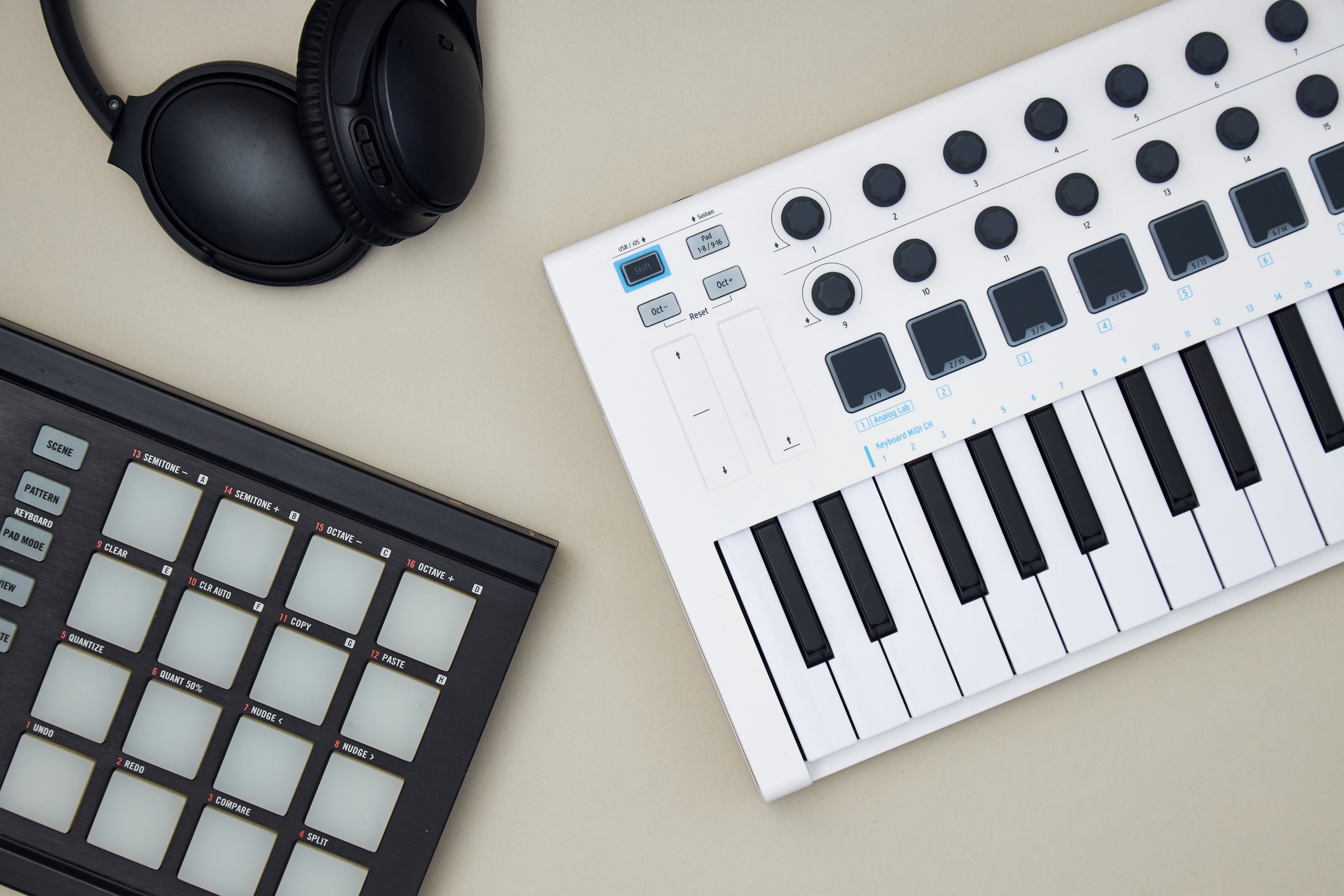 MIDI Keyboard, sequencer, and headphones