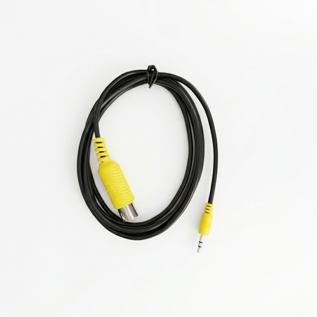 Type A TRS-MIDI adapter cable featuring a 3.5mm TRS jack and a 5-pin DIN connector for hardware synthesizer and MIDI controller setup